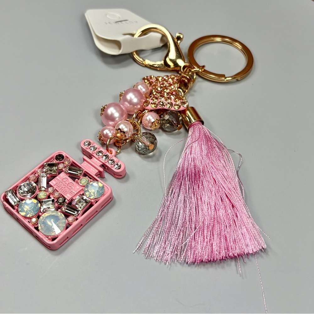 Luxe Baby Pink Jeweled Perfume Bottle Keychain/Bag Charm with Crystal Accents